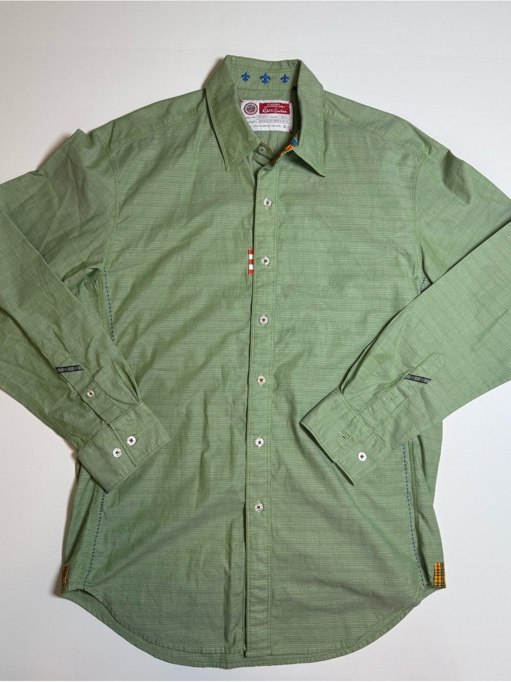 Robert Graham Men's L Green Solid Woven 100% Cotton Long Sleeve Button-Up Shirt
